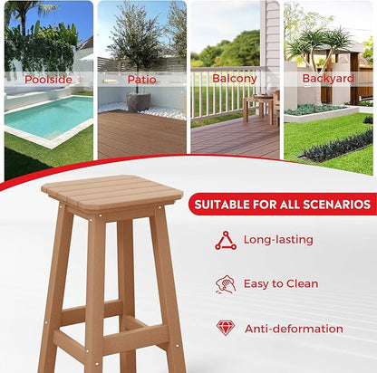 Costaelm 29" Height Outdoor Bar Stools, All-Weather Bar Stools, Adirondack Poly Patio Square Bar Stool for Patio, Deck, Kitchen Counter and Garden, Teak