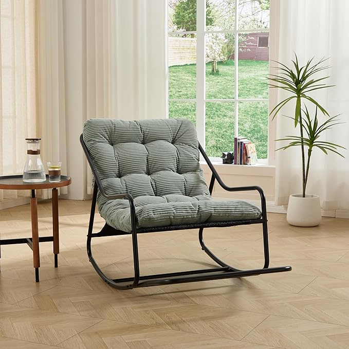 Rocking Chair with Foot Rest, Outdoor Indoor Rocking Lounge Chair with Cushion, Comfortable Patio Rocker Chairs for Patio, Porch, Garden, Living Room, Reading, Metal Frame, Light Green
