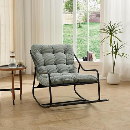 Rocking Chair with Foot Rest, Outdoor Indoor Rocking Lounge Chair with Cushion, Comfortable Patio Rocker Chairs for Patio, Porch, Garden, Living Room, Reading, Metal Frame, Light Green