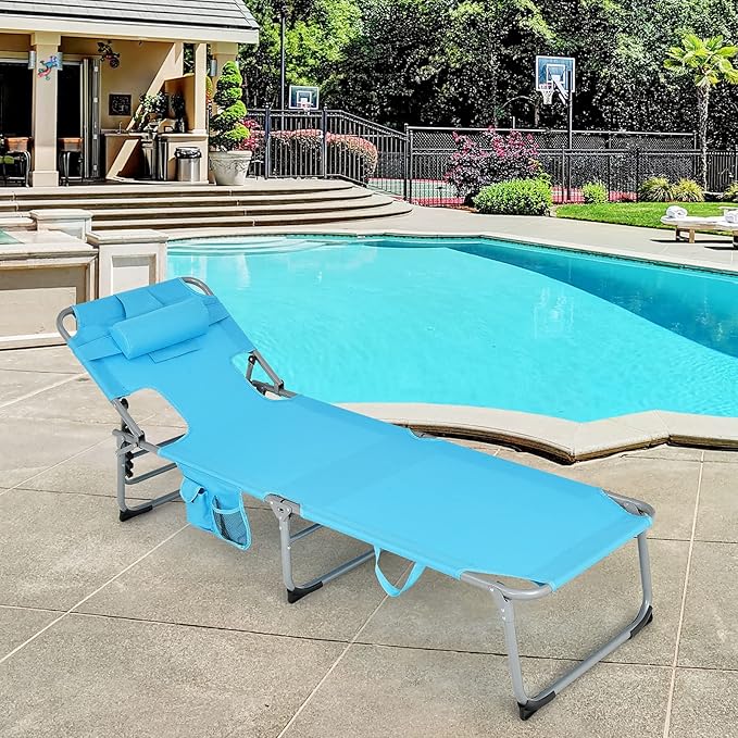 GYMAX Tanning Chair, Folding Beach Lounger with Face Arm Hole, Adjustable Backrest, Side Pocket, Pillow & Carry Handle, Outside Sunbathing Lounge Chair for Patio, Poolside, Lawn (1, Turquoise)