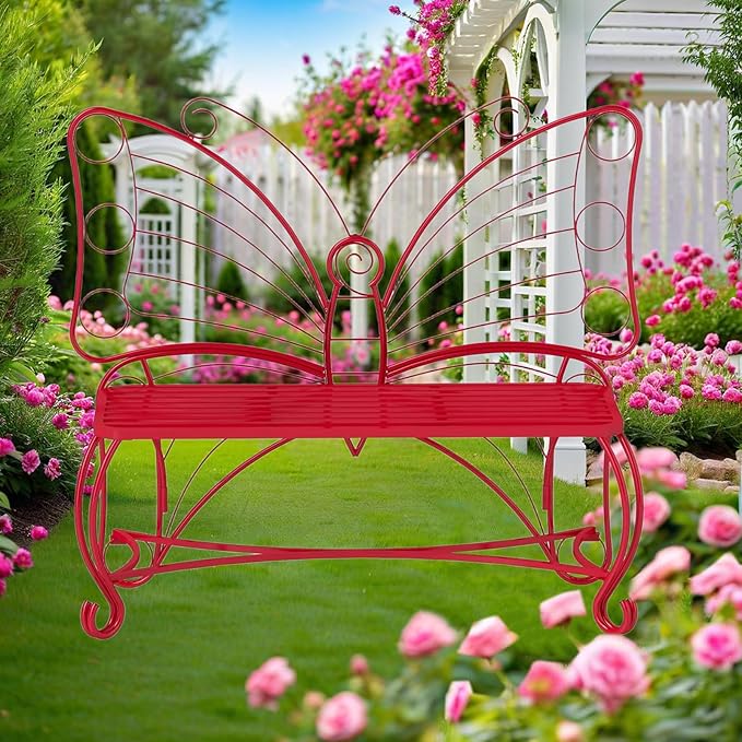 Butterfly Garden Bench, Double Seats Outdoor Bench, Black Patio Bench Thickened Metal Frame for Garden, Yard, Patio, Porch, Lawn, Park. (Red/Big)