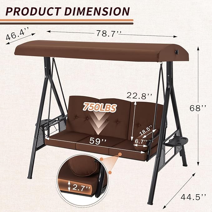 AECOJOY Outdoor Porch Swing with Cover, 3-Seat Patio Swings with Adjustable Canopy, Outside Swing for Adult with Brown Removable Cushions for Backyard, Garden, Yard, Poolside, Balcony