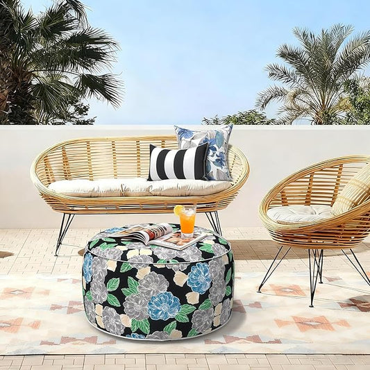 LVTXIII Outdoor Inflatable Ottoman, Fade-Resistant Round Footrest Stool D31”x H14”, Portable Patio Pouf for Garden Camping or Home Use, Peony Garden