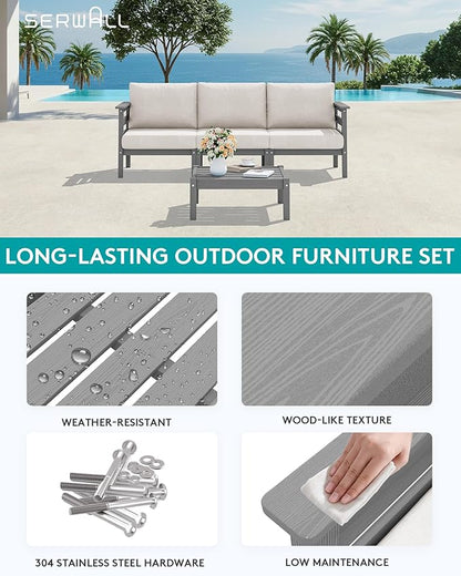 SERWALL HDPE Patio Furniture Set, 2 Pieces Outdoor Sectional Sofa Set, All-Weather Wood-Like Outdoor Sofa Couch with Coffee Table for Deck, Lawn, Grey Frame with Khaki Cushion