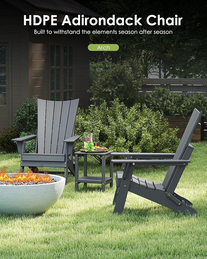 GREENVINES Folding-Adirondack-Chairs-Set-of-4 | HDPE Plastic | Arch Series | Fire Pit Chair | All Weather | for Outdoor Patio Deck Backyard Poolside | Grey