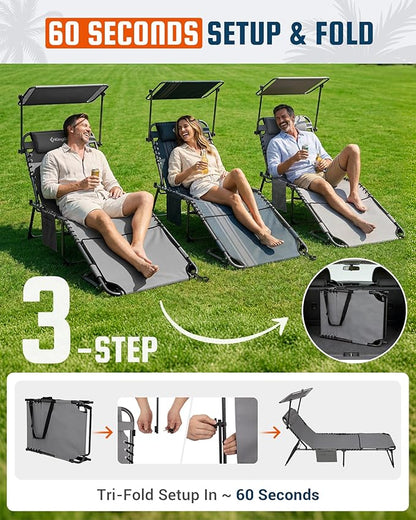 KingCamp Lounge Chair with face Hole & Canopy Shade, 400LBS Folding Portable Tanning Chair with face Hole, Adjustable 5-Position Foldable Beach Sun Tanning Chair for Outside Beach Patio Outdoor Pool