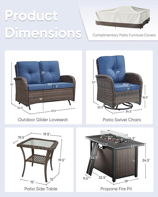 5 Pieces Patio Furniture Set with Fire Pit Table-All Weather Rattan Wicker Outdoor Glider Bench with Outdoor Swivel Chair Outdoor Furniture for Deck Porch Garden Balcony Poolside-Brown/Blue