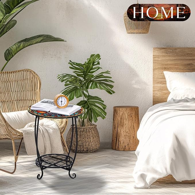 Outdoor Side Table Round Small Mosaic Patio Accent Indoor End Plant Coffee Tea Table for Yard Patio Porch Garden Living - Photo 7