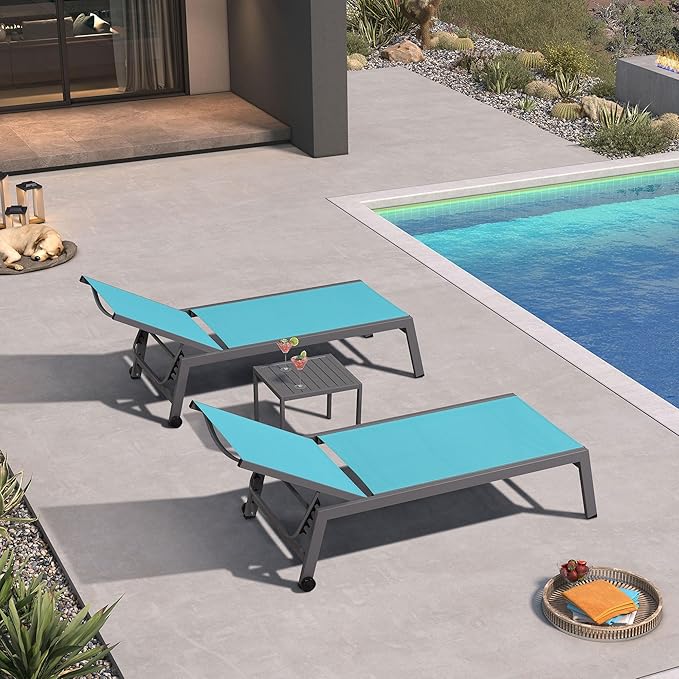 PURPLE LEAF Outdoor Chaise Lounge Set for 2 Oversized Pool Lounge Chairs with Easy-to-Move Wheels and Adjustable Backrest Extra Large Patio Loungers for Poolside Deck Beach Yard Table Included, Blue