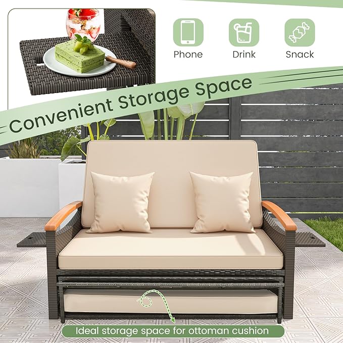 Tangkula Patio Rattan Daybed with 4-Level Adjustable Backrest, Outdoor Wicker Loveseat with Acacia Wood Armrest - Photo 9