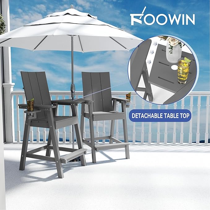 FOOWIN Tall Adirondack Chairs Set of 8,HDPE Adirondack Bar Stools with Connecting Tray & Cup Holders,Weather Resistant Balcony Chair for Outdoor Deck Lawn Pool Backyard Grey