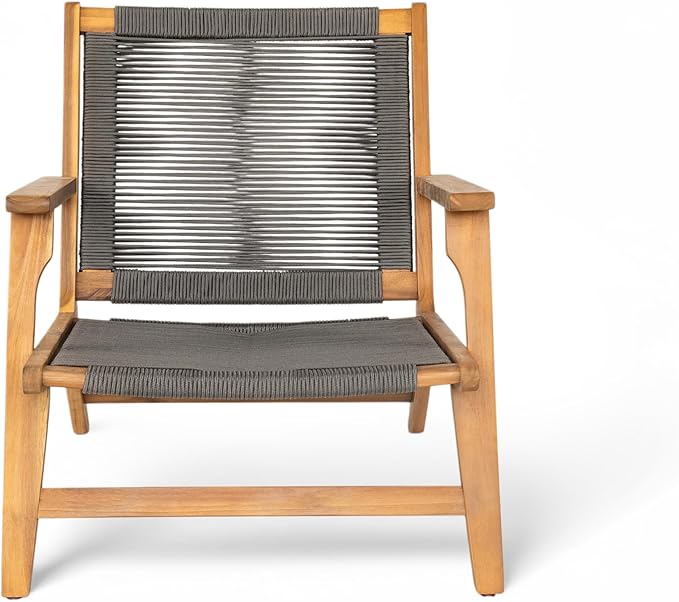 Christopher Knight Home Veera Patio Lounge Chair Set of 2, Acacia Wood Frame, Handwoven Rope, Mid-Century Modern, Dark Grey & Teak
