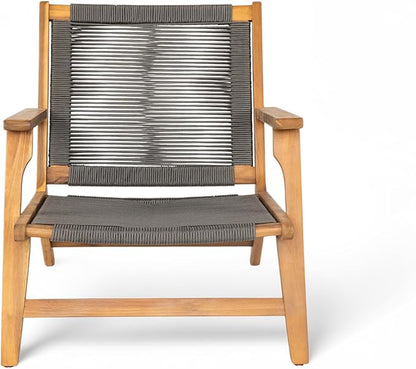 Christopher Knight Home Veera Patio Lounge Chair Set of 2, Acacia Wood Frame, Handwoven Rope, Mid-Century Modern, Dark Grey & Teak
