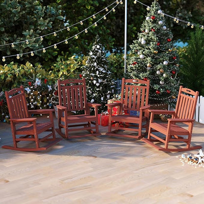 Classic Outdoor Rocking Chair Set of 4, HDPE Patio Rocking Chairs with Slat Back & Wide Armrests, All-Weather Rocking Lawn Chairs for Porch, Garden, Deck, Backyard, Navy Blue