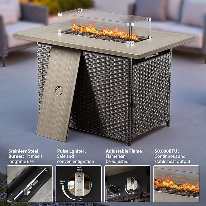 Luxury High Back Patio Furniture Set with Fire Pit Table and 6-Inch Thick Cushions, 5-Pieces Outdoor Furniture 4 Swivel Chairs, Wicker Conversation Set for Porch, Balcony, Deck and Yard, Grey/Blue