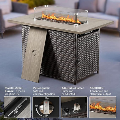 Luxury High Back Patio Furniture Set with Fire Pit Table and 6-Inch Thick Cushions, 5-Pieces Outdoor Furniture 4 Swivel Chairs, Wicker Conversation Set for Porch, Balcony, Deck and Yard, Grey/Blue