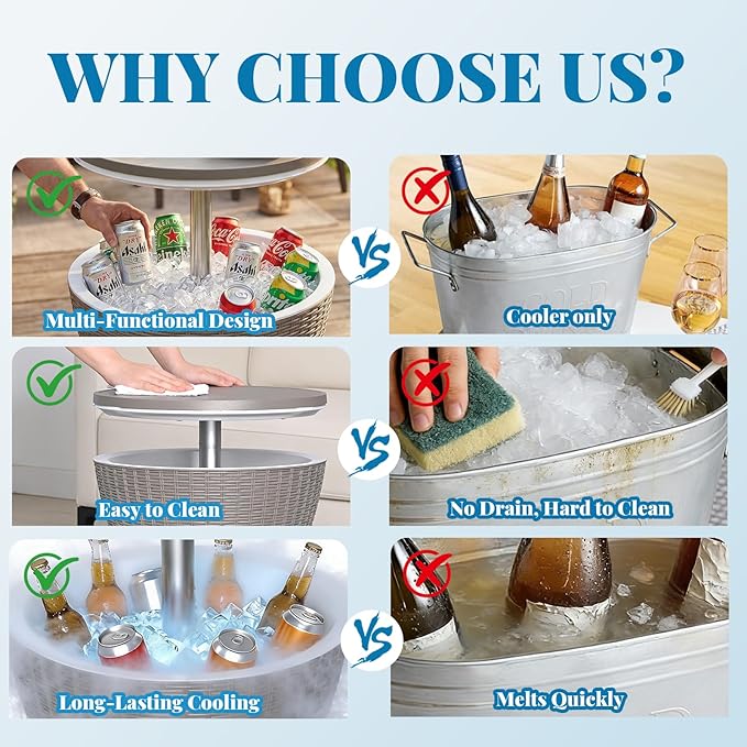 EFU Cooler Table, 8 Gallon Cooler Bar Table, Adjustable Height Multi-Functional Outdoor Cool Bar for Drinks Beer & Wine, with Drain Plug, Patio Furniture for Backyard, Pool, BBQ & Party (Light Brown)