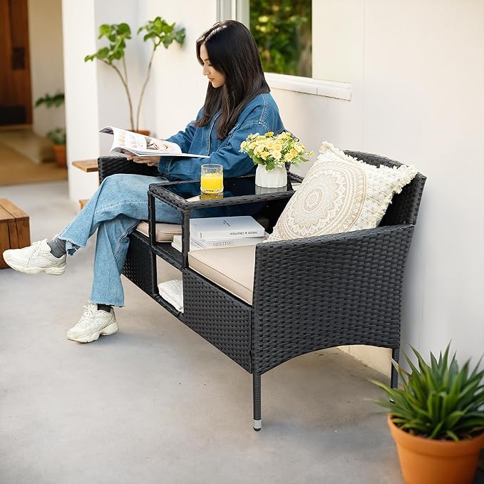 Flamaker Outdoor Furniture Patio Loveseat Wicker 2-Seat with Built-in Table and Cushions Rattan Porch Chairs Bench for - Photo 3