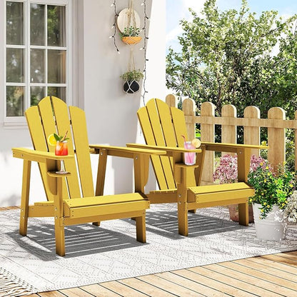 PROHIKER Adirondack Chair Set of 2, HDPE Outdoor Patio Chair with Cup Holder All Weather Outdoor Chairs for Lawn Garden Porch Backyard, Plastic, Yellow