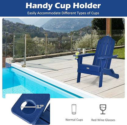 Tangkula Outdoor Folding Adirondack Chair, HDPE Armchairs with Cup Holder, Weather Resistant Lounger Chair for Patio Garden Fire Pit Backyard, Lawn Porch Seating, Adirondack Lounger (2, Navy)