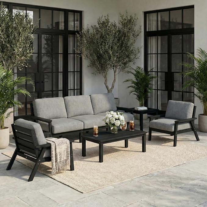 HDPE 5 Piece Patio Furniture Set, Outdoor Couch with Washable Thick Gray Cushions & Coffee Table & Side Table, Outdoor Sectional Furniture for Backyard, Deck, Lawn, Porch (Black Frame)