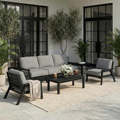 HDPE 5 Piece Patio Furniture Set, Outdoor Couch with Washable Thick Gray Cushions & Coffee Table & Side Table, Outdoor Sectional Furniture for Backyard, Deck, Lawn, Porch (Black Frame)