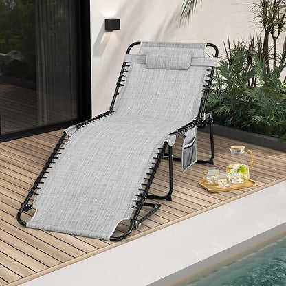 Giantex Lounge Chair Outdoor, Folding Tanning Chair with 4 Adjustable Positions, Removable Headrest, Footrest, Side Pocket, Load 440 Lbs, Portable Recliner for Lawn, Yard, Beach, Sunbathing (1, Grey)