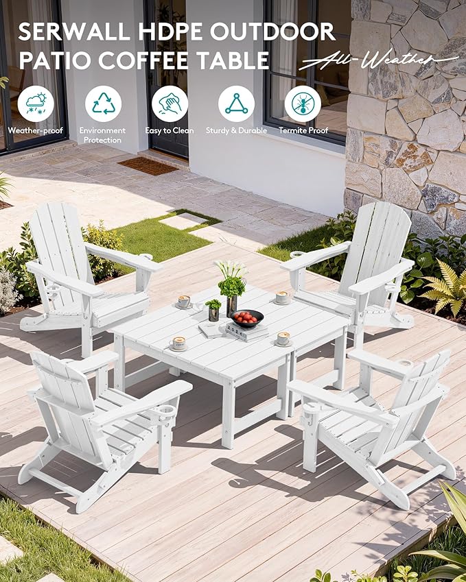 SERWALL Outdoor Coffee Table with 1.69" Umbrella Hole, HDPE Patio Coffee Table for Outside, Rectangle, White - Photo 8