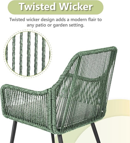 Patio Dining Chairs, Outdoor Dining Chairs with Armrest and Cushion Set of 6, Woven Twisted Wicker Rattan Chair, Modern Indoor Outdoor Seating for Garden, Lawn, Backyard, Green