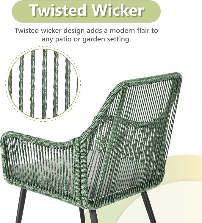 Patio Dining Chairs Outdoor Dining Chairs Set of 4, Woven Twisted Wicker Rattan Chair with Armrest and Cushion, Modern Indoor Outdoor Seating for Garden, Lawn, Backyard, Green