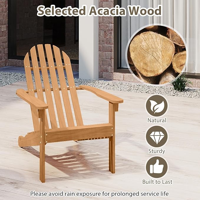 Tangkula Outdoor Adirondack Chair, Solid Acacia Wood Fire Pit Chair with Inclined Backrest, Curved Seat & Wide Armrests, Wooden Lawn Chair for Porch, Patio, Garden, Backyard, Deck (1, Natural)