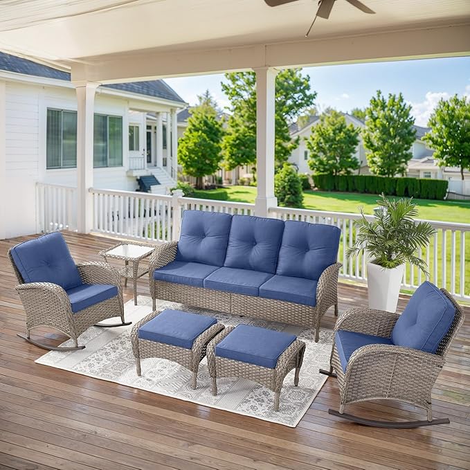Belord 5 Piece Patio Rocking Chairs Furniture Set - Outdoor Wicker Furniture with Ottomans and Side Table - Photo 9