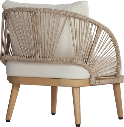 Christopher Knight Home Lydia Set of 2 Boho Patio Furniture Acacia Wood Club Chairs, Outdoor Lounge Chairs, Modern Tub Accent Chairs/Arm Chairs with Rope Woven and Removable Cushions, Natural+Beige