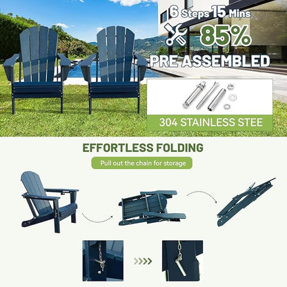 GOWE Adirondack Chairs Set of 2, Plastic Adirondack Chair, Adirondack Chairs, HDPE Adirondack Chair, Folding Adirondack Chairs, Outdoor Chairs with Cup Holder for Lawn Patio Deck Fire Pit -Dark Blue