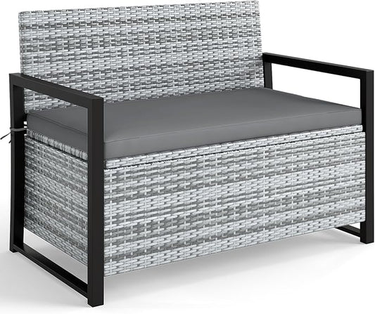 Tangkula 40 Gallon Outdoor Bench with Storage, Patio Wicker Storage Bench with Cushion, Cover, Metal Frame, Deck Box Seat for Backyard, Poolside, Balcony, Garden