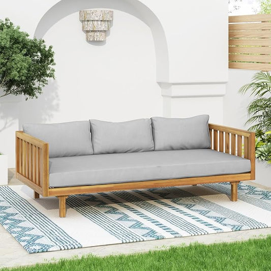 Merax Outdoor 3 Seater Daybed, Acacia Wood Day Bed Couch Sofa with Cushions for Patio Backyard, Garden, Light Grey