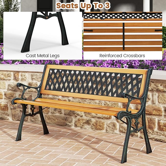 Tangkula Outdoor Garden Bench Park Bench, Patio Bench Chair with Cast Iron & Hardwood Structure - Photo 6