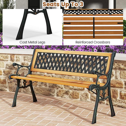Tangkula Outdoor Garden Bench Park Bench, Patio Bench Chair with Cast Iron & Hardwood Structure, Weather Proof Porch Outdoor Furniture Loveseat, Perfect for Backyard, Deck, Lawn, Poolside