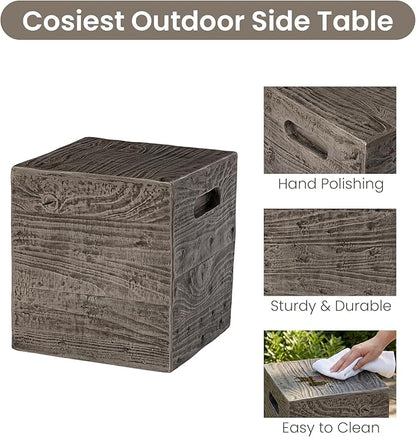 COSIEST Wooden Outdoor Side Table, Square MgO Concrete End Patio Side Table, Lightweight Cylinder Top Plant Stand with Square Base for Garden and Deck
