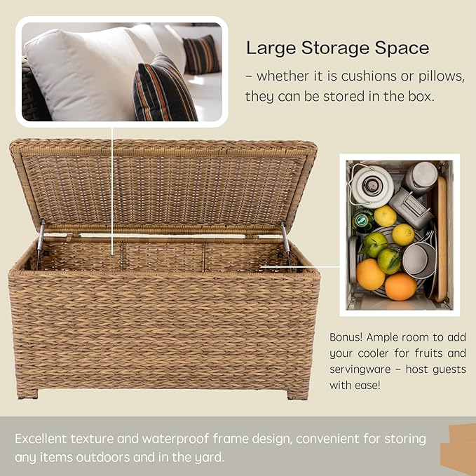 Laguna Point 40'' Outdoor Wicker Coffee Table w/Flip-Top Storage, HDPE Rattan Patio Center Table with Tempered Glass Top, Tan