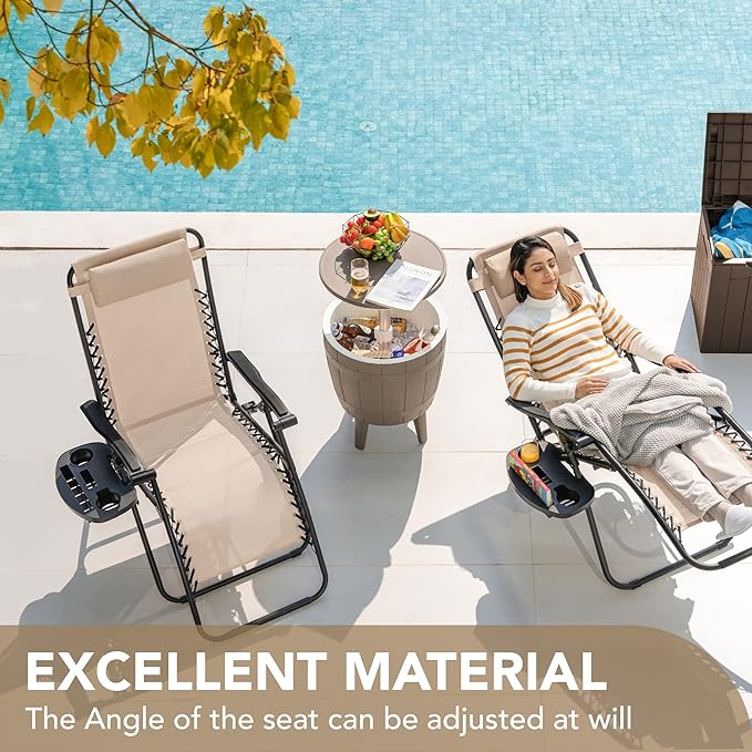 Devoko Set of 2 Zero Gravity Lounge Chairs, Outdoor Folding Adjustable Steel Mesh Recliner Chairs with Cup Holder & Removable Pillow for Patio Garden Lawn Beach (Beige)