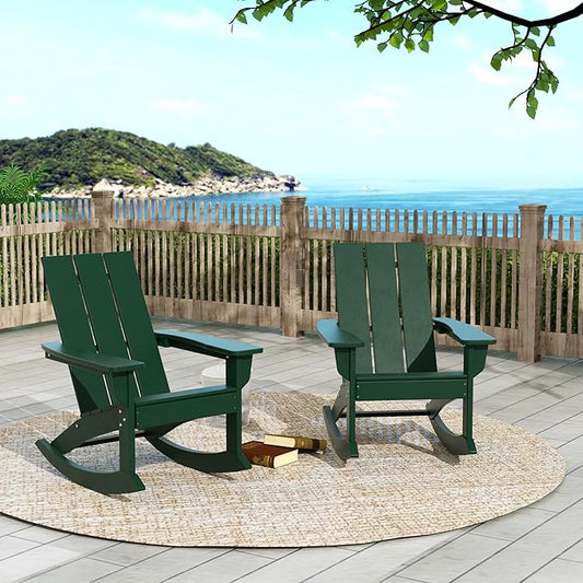 WO WESTIN OUTDOOR HDPE Shoreside Modern Rocking Poly Adirondack Chair (Set of 2),Dark Green