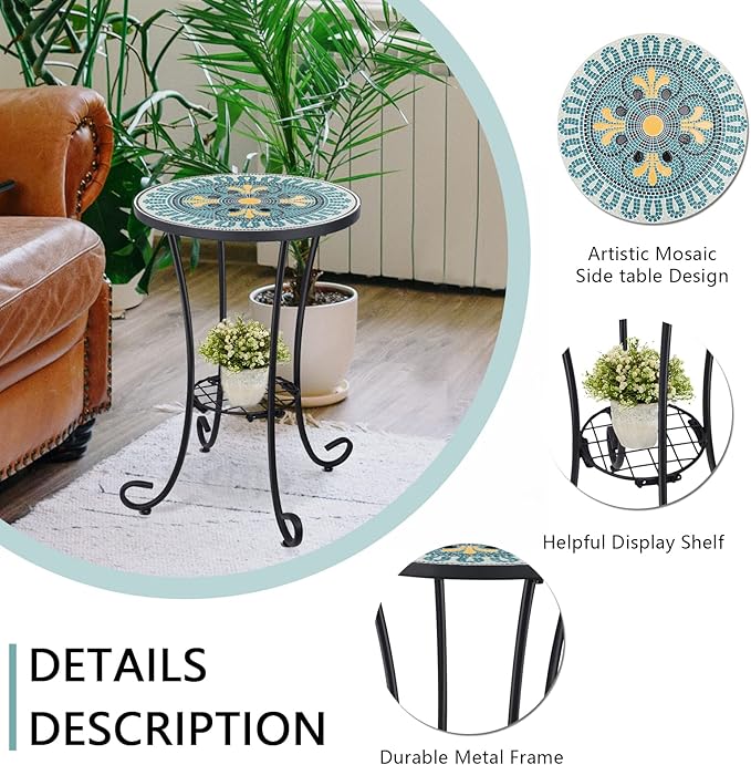 VCUTEKA Outdoor Side Table Mosaic Patio Table Accent Tables Mosaic Tile Top Metal Frame Small End Tables Porch Beach Patio Garden Balcony Green 14''