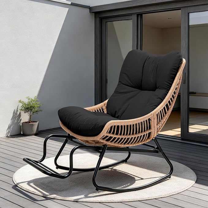 Outdoor Papasan Rocking Chair with Adjustable Footrest, Comfy Outdoor Lounge Chairs Heavy Duty Oversized Rocking Egg Chair Perfect for Patio Deck Garden and Indoor Use
