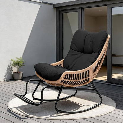 Outdoor Papasan Rocking Chair with Adjustable Footrest, Comfy Outdoor Lounge Chairs Heavy Duty Oversized Rocking Egg Chair Perfect for Patio Deck Garden and Indoor Use
