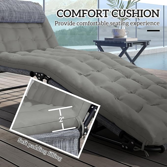 Outsunny Folding Chaise Lounge with 4-Level Reclining Back, Outdoor Tanning Chair with Cushion, Outdoor Lounge Chair with Breathable Mesh Fabric, Side Pocket, Headrest, Gray