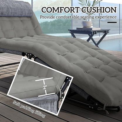 Outsunny Folding Chaise Lounge with 4-Level Reclining Back, Outdoor Tanning Chair with Cushion, Outdoor Lounge Chair with Breathable Mesh Fabric, Side Pocket, Headrest, Gray