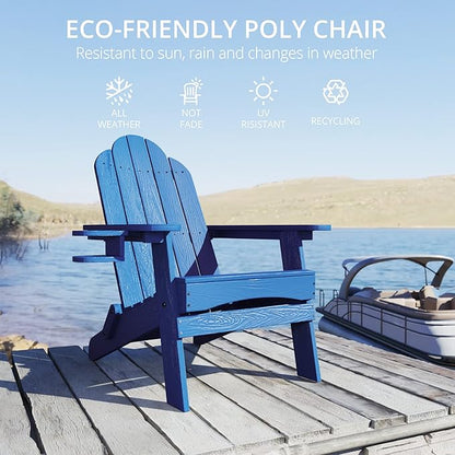 LUE BONA Folding Adirondack Chair Set of 5, HDPS Weather Resistant Outdoor Patio Chair for Balcony Garden, 350lbs Heavy Duty, One-Step No-Pin Folding, Wood Grain Texture, Fire Pit Seating, Navy Blue