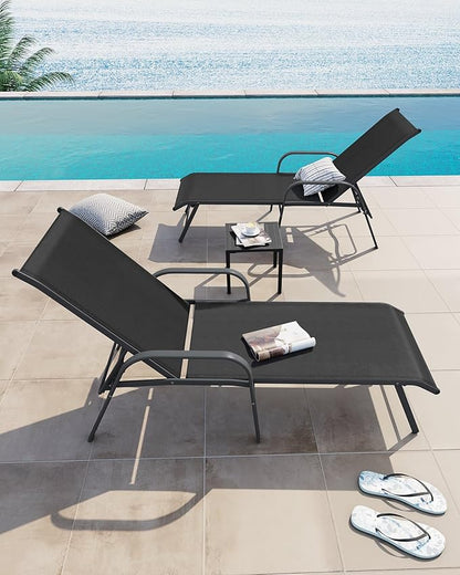Crestlive Products Chaise Lounge Chair Outdoor with Armrests, Pool Lounge Chairs Set of 2, Aluminum Adjustable 5 Positions Sun Tanning Lounger for Patio, Poolside, Yard, Deck, Backyard (Black)