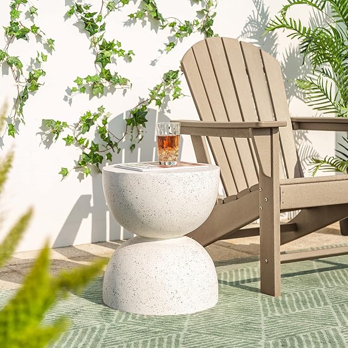 Glitzhome Outdoor Side Tables Set of 2, Heavy Duty Patio Sturdy Faux Terrazzo Decorative Garden Stool Planter Stand for Indoor Covered Outdoor, 17.75" H, White